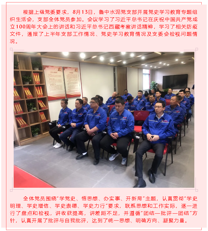 魯中水泥黨支部開展黨史學(xué)習(xí)教育專題組織生活會16